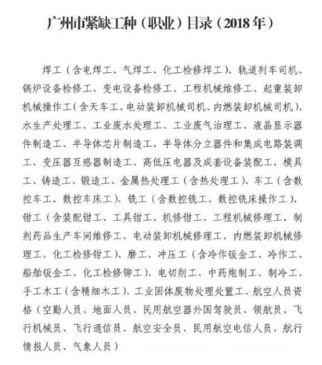 广州市紧缺工种(职业)目录