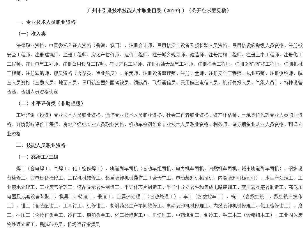 广州市引进技术技能人才职业目录（2019年）